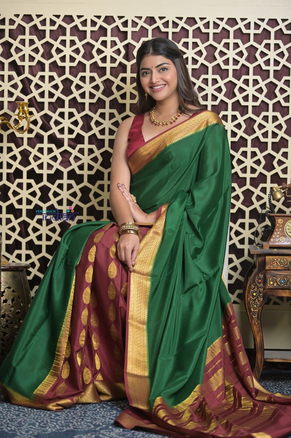 Shubh Lakshmi 2.0~ Handloom Pure Mysore Silk Patli Pallu Crepe Saree in Green and Maroon (Silk Mark Certified) - verymuchindian.com