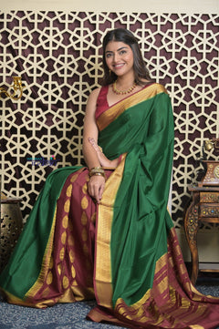 Shubh Lakshmi 2.0~ Handloom Pure Mysore Silk Patli Pallu Crepe Saree in Green and Maroon (Silk Mark Certified) - verymuchindian.com