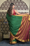 Shubh Lakshmi 2.0~ Handloom Pure Mysore Silk Patli Pallu Crepe Saree in Green and Maroon (Silk Mark Certified) - verymuchindian.com