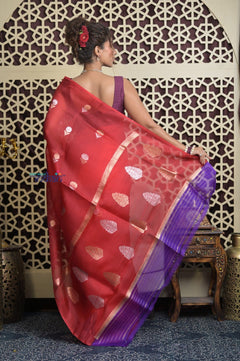 Shubh Lakshmi 2.0 ~ Handloom Pure Silk Kora Saree in Bright Red (Silk Mark Certified) - verymuchindian.com
