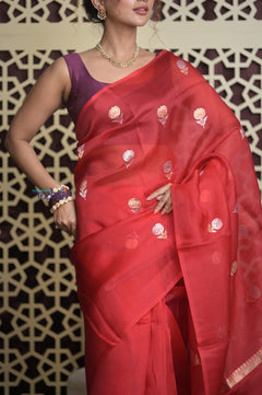Shubh Lakshmi 2.0 ~ Handloom Pure Silk Kora Saree in Bright Red (Silk Mark Certified) - verymuchindian.com