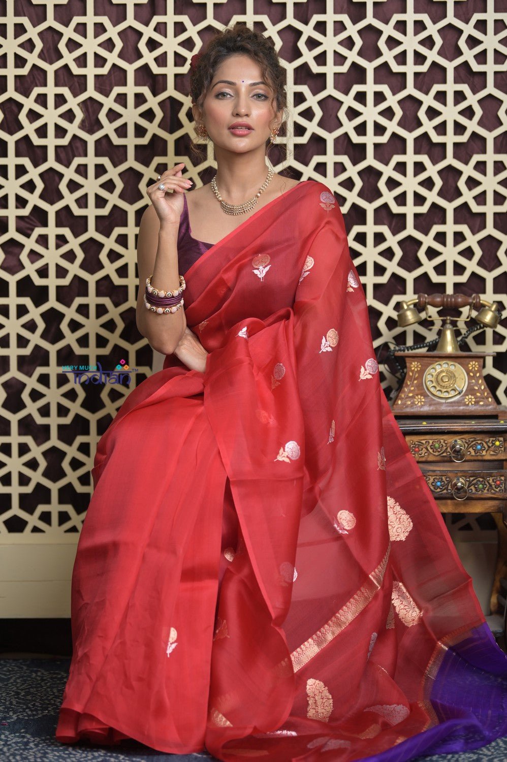 Shubh Lakshmi 2.0 ~ Handloom Pure Silk Kora Saree in Bright Red (Silk Mark Certified) - verymuchindian.com