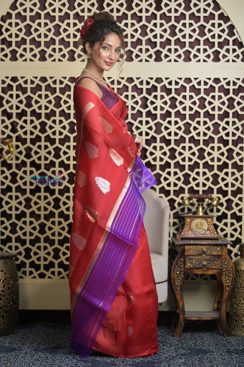 Shubh Lakshmi 2.0 ~ Handloom Pure Silk Kora Saree in Bright Red (Silk Mark Certified) - verymuchindian.com