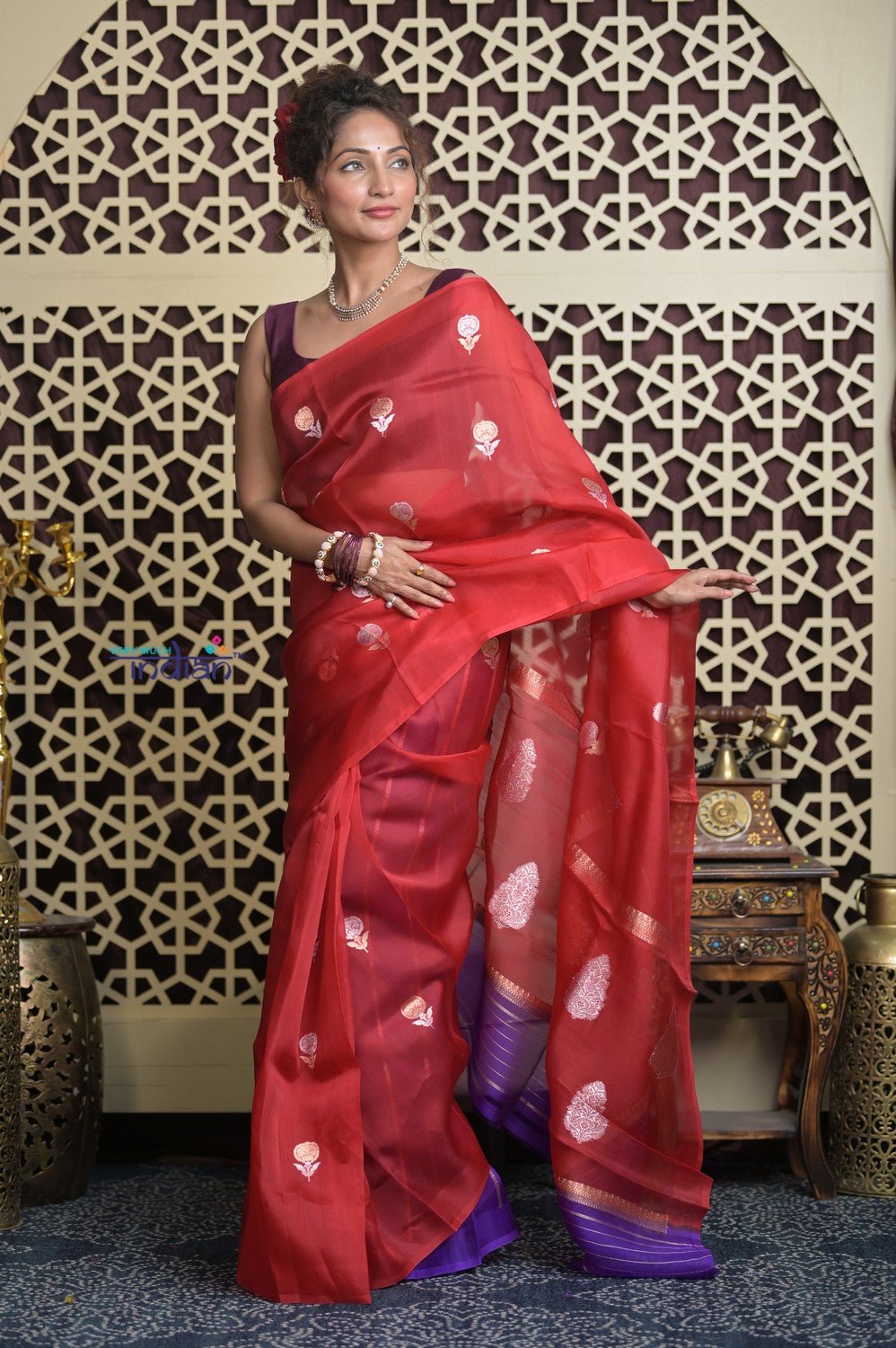 Shubh Lakshmi 2.0 ~ Handloom Pure Silk Kora Saree in Bright Red (Silk Mark Certified) - verymuchindian.com