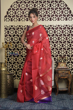 Shubh Lakshmi 2.0 ~ Handloom Pure Silk Kora Saree in Bright Red (Silk Mark Certified) - verymuchindian.com