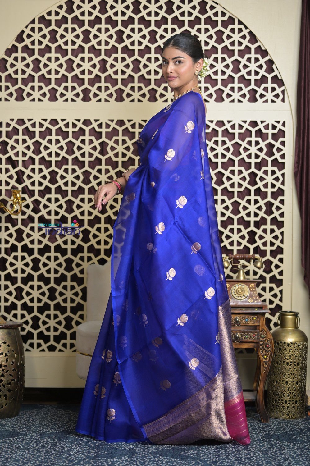 Shubh Lakshmi 2.0 ~ Handloom Pure Silk Kora Saree in Cyan Blue (Silk Mark Certified) - verymuchindian.com