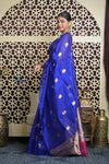 Shubh Lakshmi 2.0 ~ Handloom Pure Silk Kora Saree in Cyan Blue (Silk Mark Certified) - verymuchindian.com