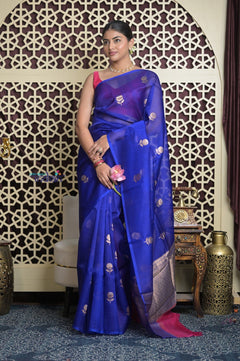 Shubh Lakshmi 2.0 ~ Handloom Pure Silk Kora Saree in Cyan Blue (Silk Mark Certified) - verymuchindian.com