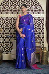 Shubh Lakshmi 2.0 ~ Handloom Pure Silk Kora Saree in Cyan Blue (Silk Mark Certified) - verymuchindian.com