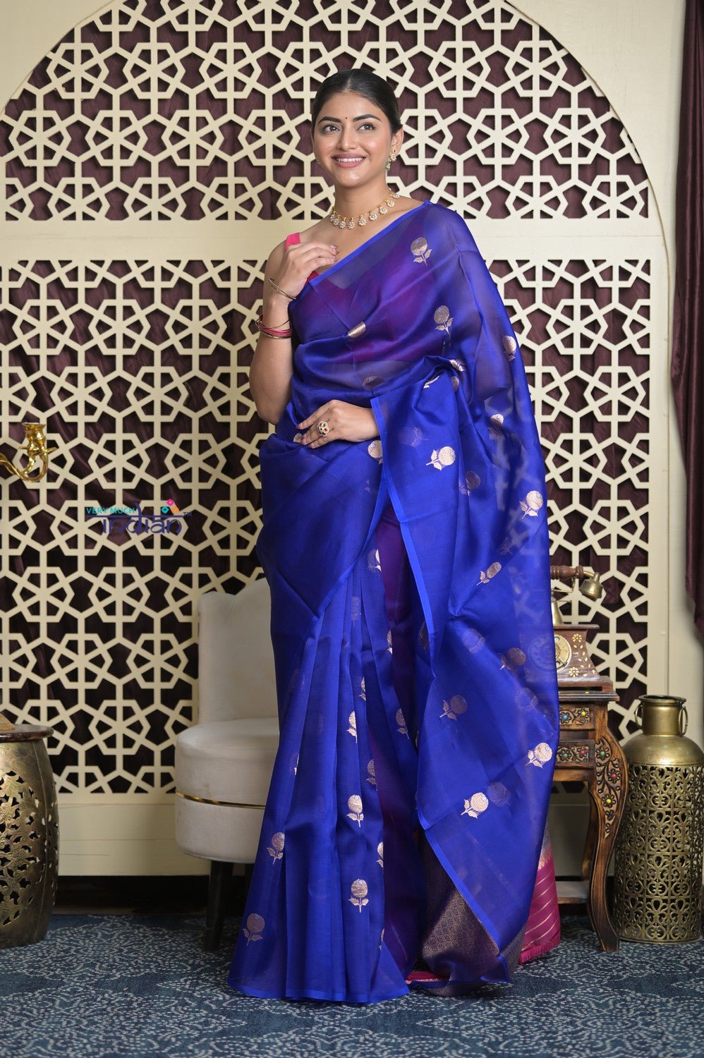 Shubh Lakshmi 2.0 ~ Handloom Pure Silk Kora Saree in Cyan Blue (Silk Mark Certified) - verymuchindian.com