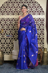 Shubh Lakshmi 2.0 ~ Handloom Pure Silk Kora Saree in Cyan Blue (Silk Mark Certified) - verymuchindian.com