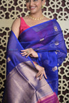 Shubh Lakshmi 2.0 ~ Handloom Pure Silk Kora Saree in Cyan Blue (Silk Mark Certified) - verymuchindian.com