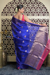 Shubh Lakshmi 2.0 ~ Handloom Pure Silk Kora Saree in Cyan Blue (Silk Mark Certified) - verymuchindian.com
