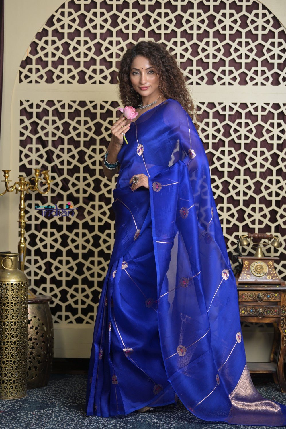 Shubh Lakshmi 2.0 ~ Handloom Pure Silk Kora Saree in Ink Blue (Silk Mark Certified) - verymuchindian.com
