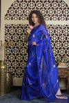 Shubh Lakshmi 2.0 ~ Handloom Pure Silk Kora Saree in Ink Blue (Silk Mark Certified) - verymuchindian.com