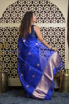 Shubh Lakshmi 2.0 ~ Handloom Pure Silk Kora Saree in Ink Blue (Silk Mark Certified) - verymuchindian.com