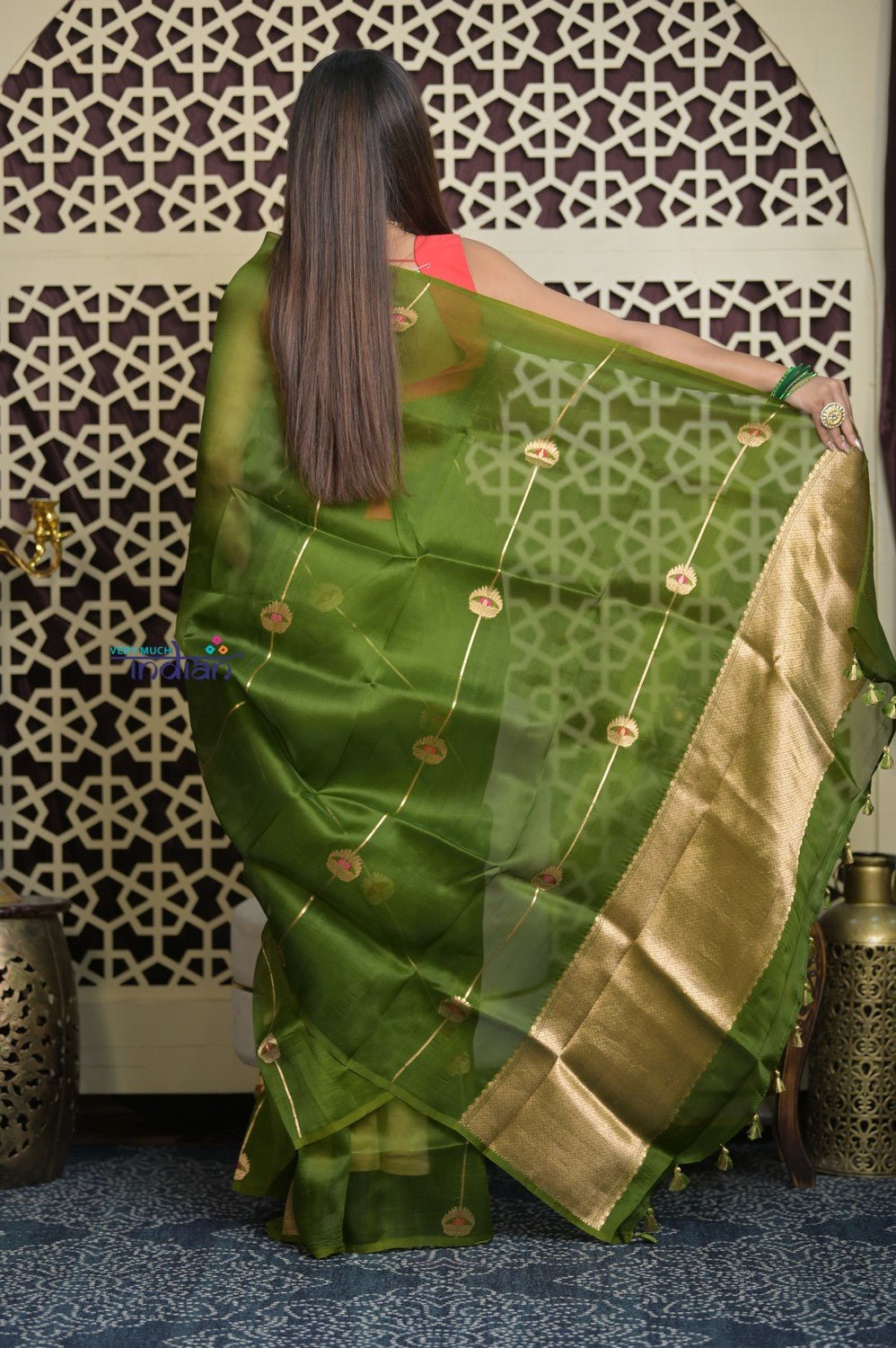 Shubh Lakshmi 2.0 ~ Handloom Pure Silk Kora Saree in Leaf Green (Silk Mark Certified) - verymuchindian.com