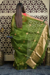 Shubh Lakshmi 2.0 ~ Handloom Pure Silk Kora Saree in Leaf Green (Silk Mark Certified) - verymuchindian.com