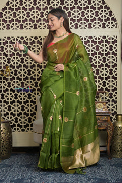Shubh Lakshmi 2.0 ~ Handloom Pure Silk Kora Saree in Leaf Green (Silk Mark Certified) - verymuchindian.com