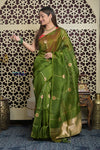 Shubh Lakshmi 2.0 ~ Handloom Pure Silk Kora Saree in Leaf Green (Silk Mark Certified) - verymuchindian.com