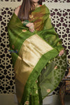 Shubh Lakshmi 2.0 ~ Handloom Pure Silk Kora Saree in Leaf Green (Silk Mark Certified) - verymuchindian.com