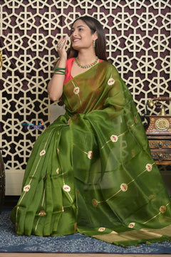 Shubh Lakshmi 2.0 ~ Handloom Pure Silk Kora Saree in Leaf Green (Silk Mark Certified) - verymuchindian.com