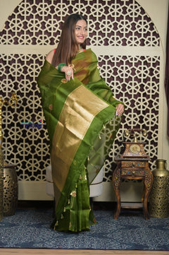 Shubh Lakshmi 2.0 ~ Handloom Pure Silk Kora Saree in Leaf Green (Silk Mark Certified) - verymuchindian.com