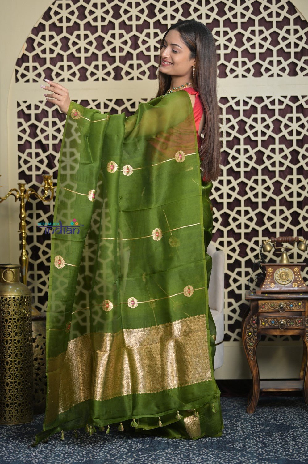 Shubh Lakshmi 2.0 ~ Handloom Pure Silk Kora Saree in Leaf Green (Silk Mark Certified) - verymuchindian.com