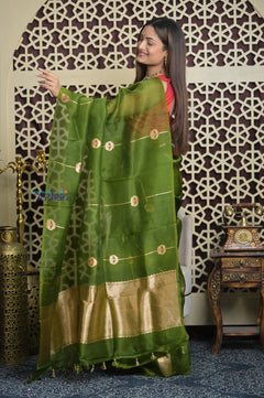Shubh Lakshmi 2.0 ~ Handloom Pure Silk Kora Saree in Leaf Green (Silk Mark Certified) - verymuchindian.com
