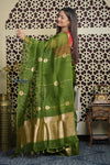 Shubh Lakshmi 2.0 ~ Handloom Pure Silk Kora Saree in Leaf Green (Silk Mark Certified) - verymuchindian.com