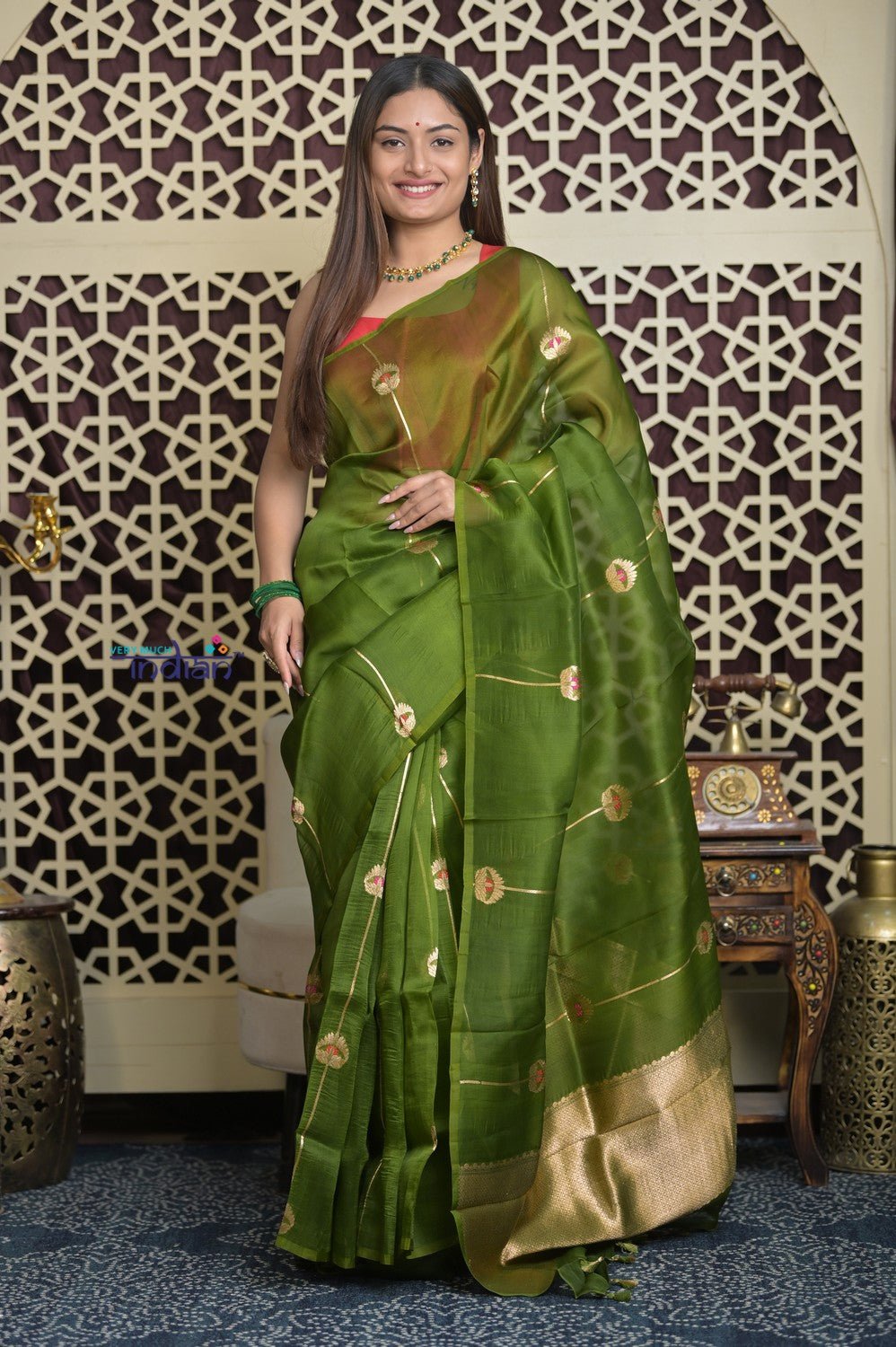 Shubh Lakshmi 2.0 ~ Handloom Pure Silk Kora Saree in Leaf Green (Silk Mark Certified) - verymuchindian.com