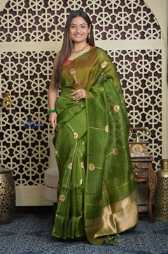Shubh Lakshmi 2.0 ~ Handloom Pure Silk Kora Saree in Leaf Green (Silk Mark Certified) - verymuchindian.com