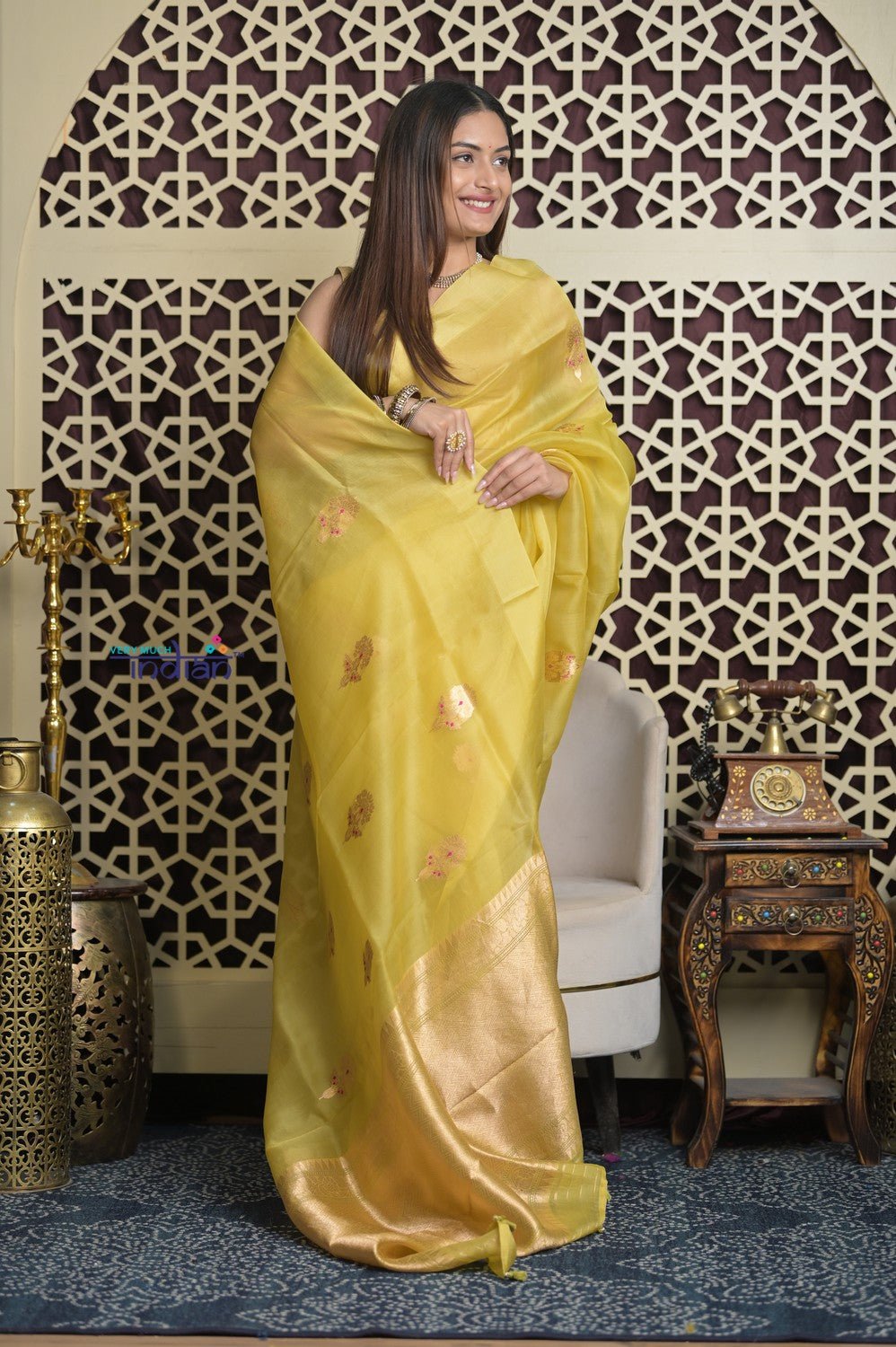 Shubh Lakshmi 2.0 ~ Handloom Pure Silk Kora Saree in Light Yellow (Silk Mark Certified) - verymuchindian.com