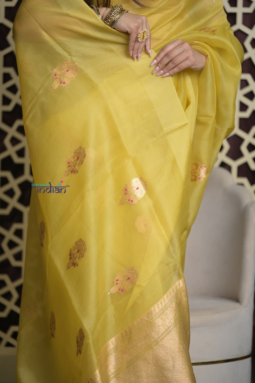 Shubh Lakshmi 2.0 ~ Handloom Pure Silk Kora Saree in Light Yellow (Silk Mark Certified) - verymuchindian.com