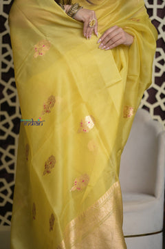 Shubh Lakshmi 2.0 ~ Handloom Pure Silk Kora Saree in Light Yellow (Silk Mark Certified) - verymuchindian.com