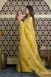 Shubh Lakshmi 2.0 ~ Handloom Pure Silk Kora Saree in Light Yellow (Silk Mark Certified) - verymuchindian.com