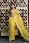 Shubh Lakshmi 2.0 ~ Handloom Pure Silk Kora Saree in Light Yellow (Silk Mark Certified) - verymuchindian.com