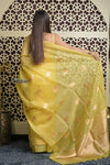 Shubh Lakshmi 2.0 ~ Handloom Pure Silk Kora Saree in Light Yellow (Silk Mark Certified) - verymuchindian.com