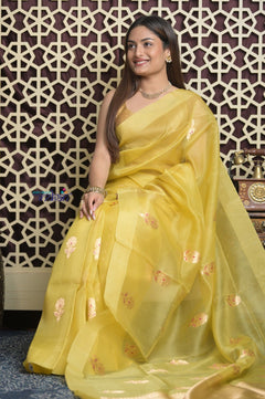 Shubh Lakshmi 2.0 ~ Handloom Pure Silk Kora Saree in Light Yellow (Silk Mark Certified) - verymuchindian.com