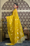 Shubh Lakshmi 2.0 ~ Handloom Pure Silk Kora Saree in Marigold Yellow (Silk Mark Certified) - verymuchindian.com