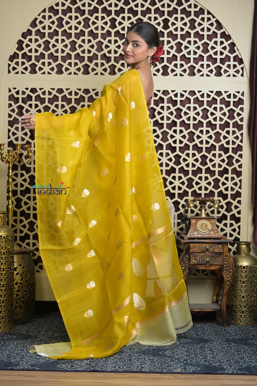 Shubh Lakshmi 2.0 ~ Handloom Pure Silk Kora Saree in Marigold Yellow (Silk Mark Certified) - verymuchindian.com