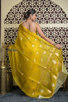 Shubh Lakshmi 2.0 ~ Handloom Pure Silk Kora Saree in Marigold Yellow (Silk Mark Certified) - verymuchindian.com