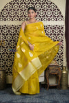 Shubh Lakshmi 2.0 ~ Handloom Pure Silk Kora Saree in Marigold Yellow (Silk Mark Certified) - verymuchindian.com