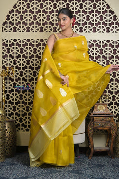 Shubh Lakshmi 2.0 ~ Handloom Pure Silk Kora Saree in Marigold Yellow (Silk Mark Certified) - verymuchindian.com