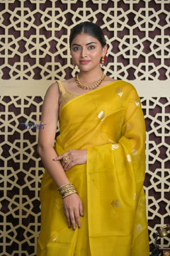 Shubh Lakshmi 2.0 ~ Handloom Pure Silk Kora Saree in Marigold Yellow (Silk Mark Certified) - verymuchindian.com