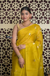 Shubh Lakshmi 2.0 ~ Handloom Pure Silk Kora Saree in Marigold Yellow (Silk Mark Certified) - verymuchindian.com