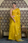 Shubh Lakshmi 2.0 ~ Handloom Pure Silk Kora Saree in Marigold Yellow (Silk Mark Certified) - verymuchindian.com