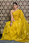 Shubh Lakshmi 2.0 ~ Handloom Pure Silk Kora Saree in Marigold Yellow (Silk Mark Certified) - verymuchindian.com