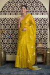 Shubh Lakshmi 2.0 ~ Handloom Pure Silk Kora Saree in Marigold Yellow (Silk Mark Certified) - verymuchindian.com