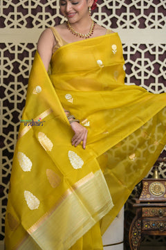 Shubh Lakshmi 2.0 ~ Handloom Pure Silk Kora Saree in Marigold Yellow (Silk Mark Certified) - verymuchindian.com